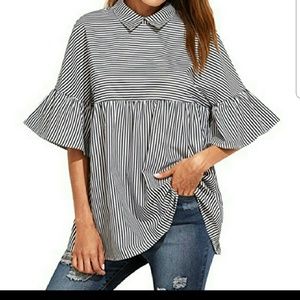 Feminine collared babydoll pinstripe blouse. XL.